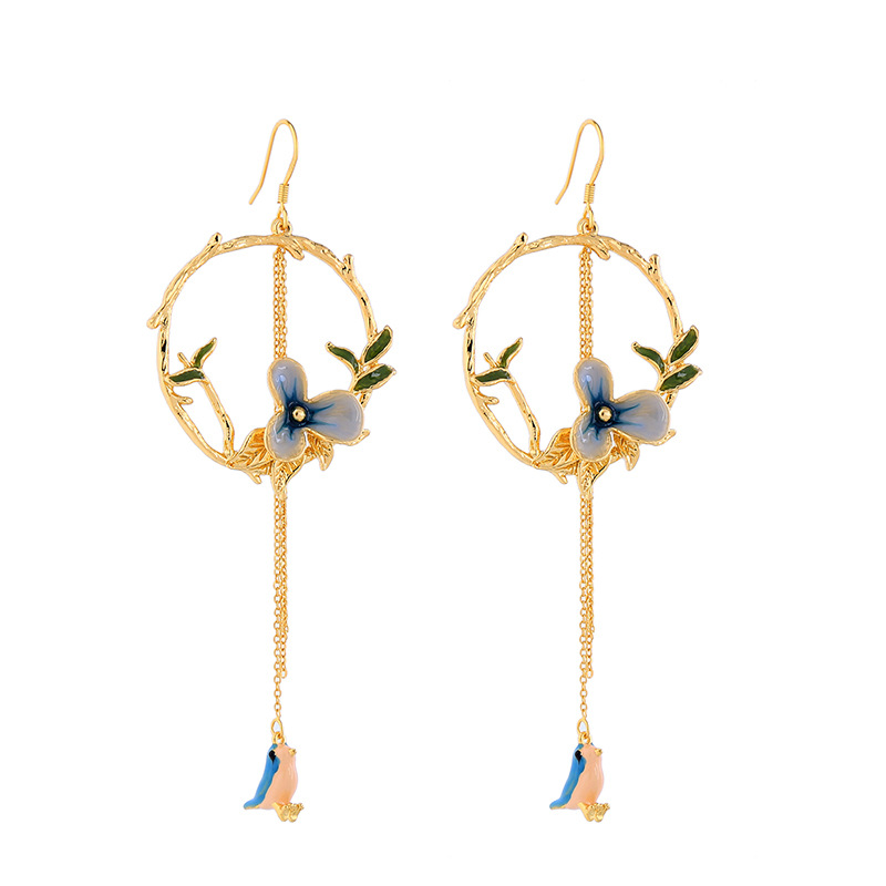 FLOWER ENAMEL BIRDS EARRINGS