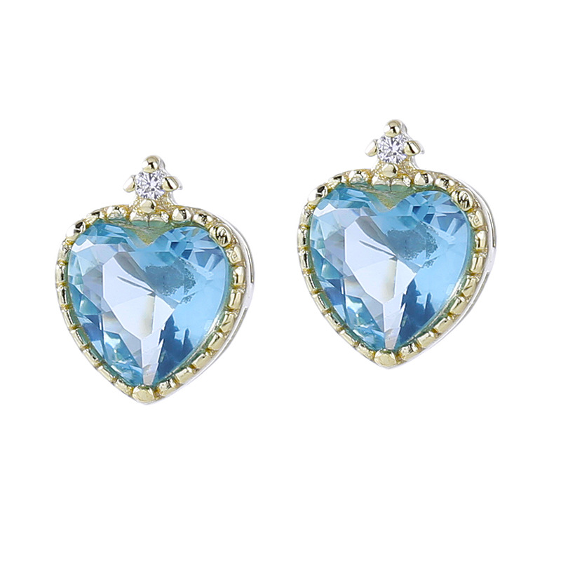 925 silver 14k gold plating heart blue gemstone earrings stud