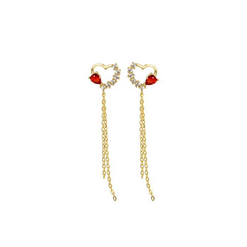 925 silver heart red zircon tassels earrings