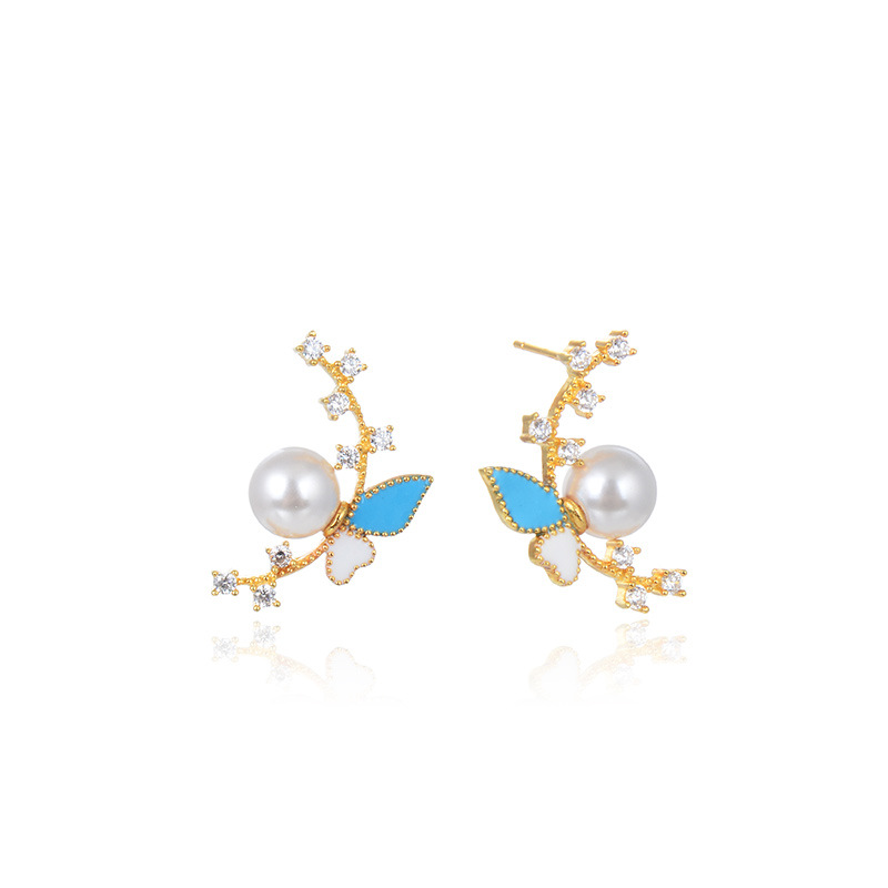 925 silver flower pearl enamel earrings stud