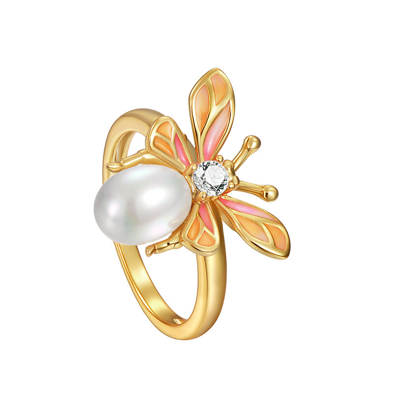 925 silver bee pearl enamel ring