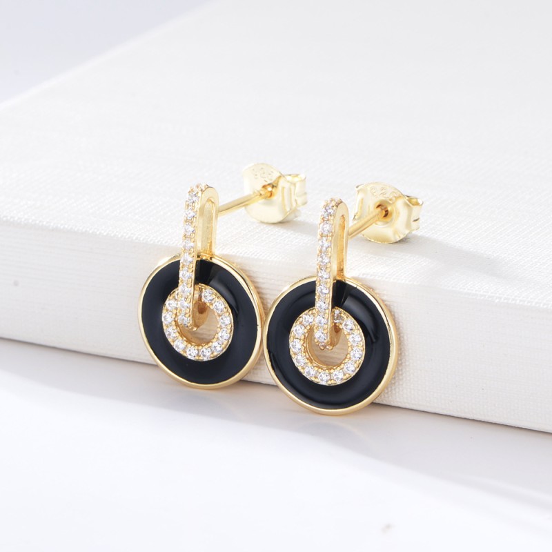 925 silver circle zircon enamel drop earrings