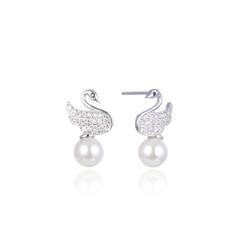 925 SILVER swan pearl earrings studs