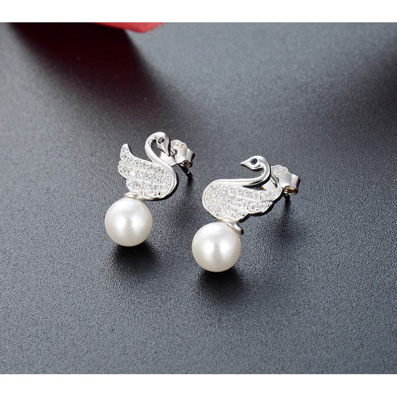 925 SILVER swan pearl earrings studs