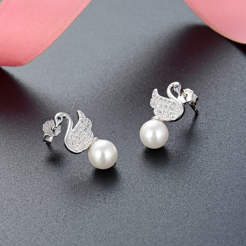 925 SILVER swan pearl earrings studs