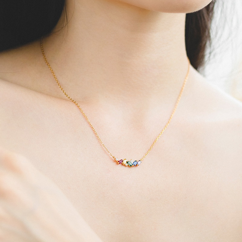 925 silver square colorful zircon necklace