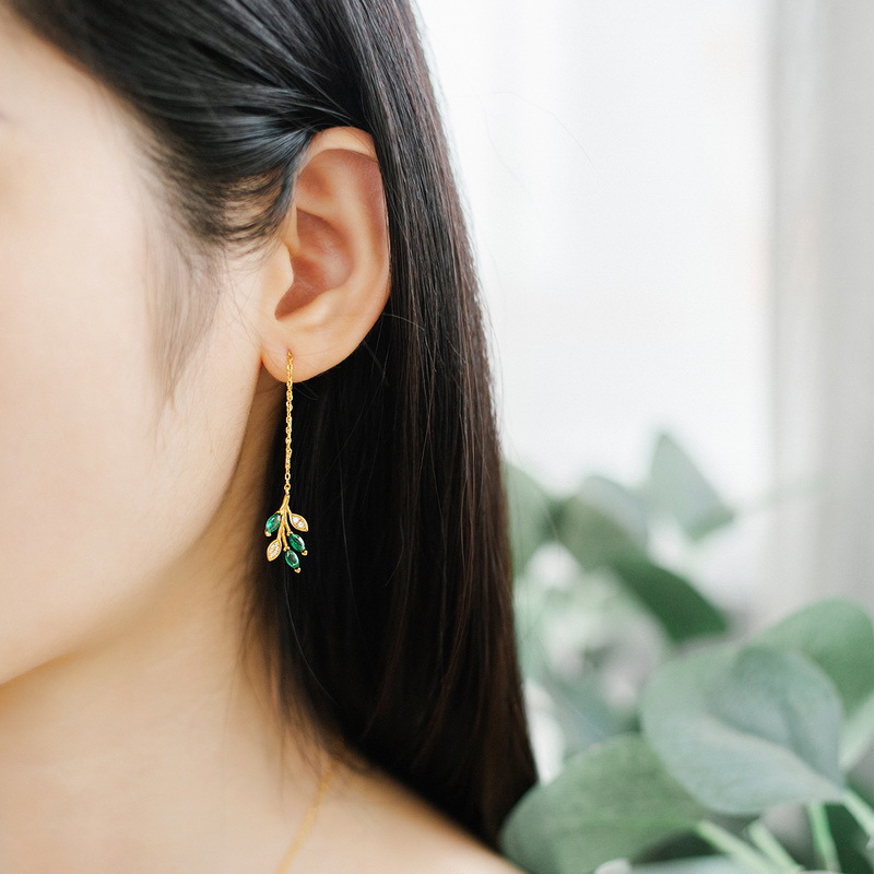 925 silver gold plating leaf green zircon drop earrings