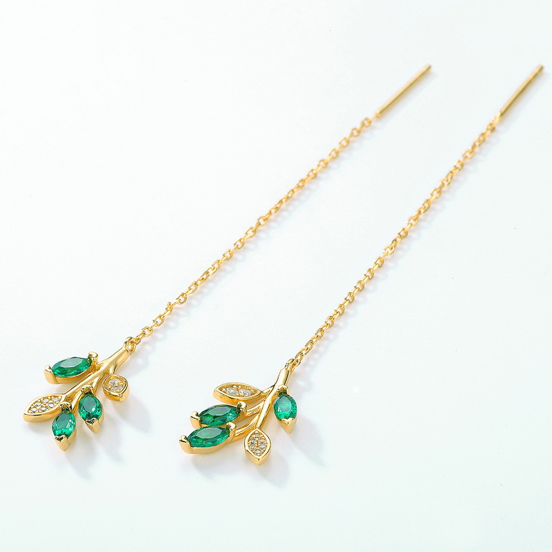 925 silver gold plating leaf green zircon drop earrings