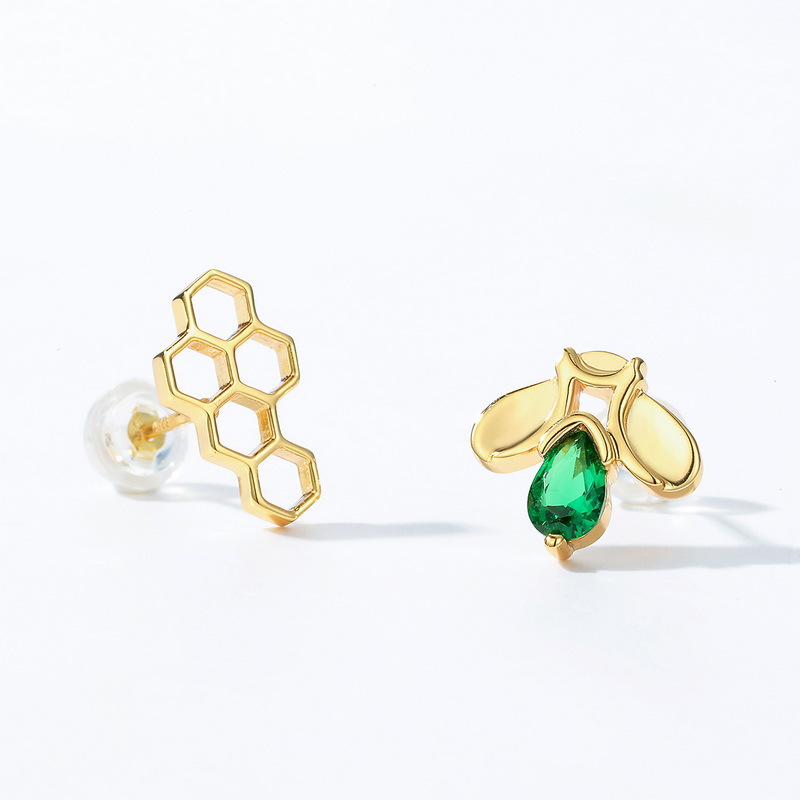 925 silver gold plating bee green zircon earrings stud