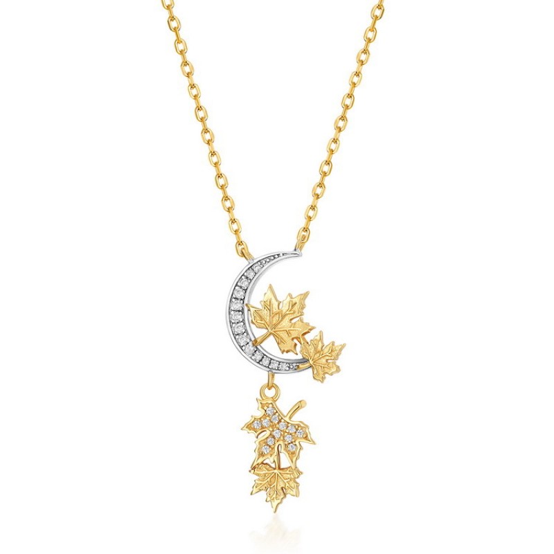 925 silver gold plating maple leaf zircon necklace