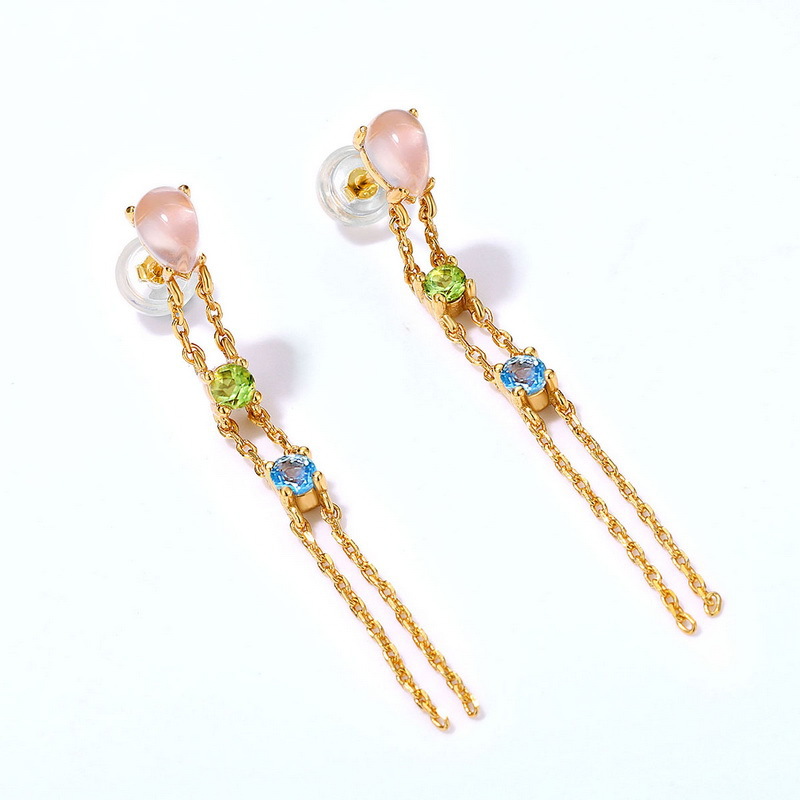 925 silver natural pink crystal tassels earrings stud