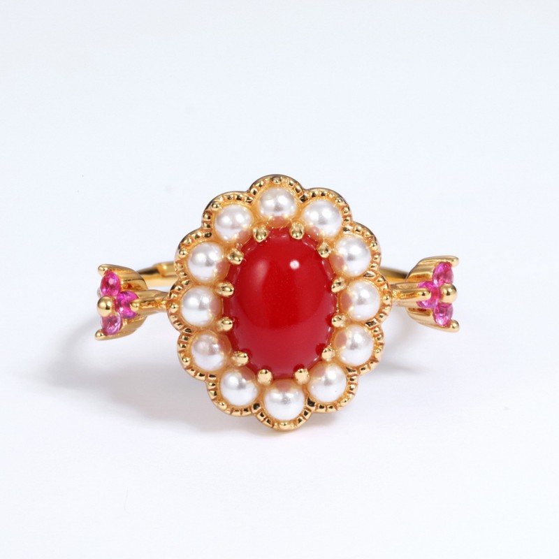 Red Coral ring 925 silver pearl ring