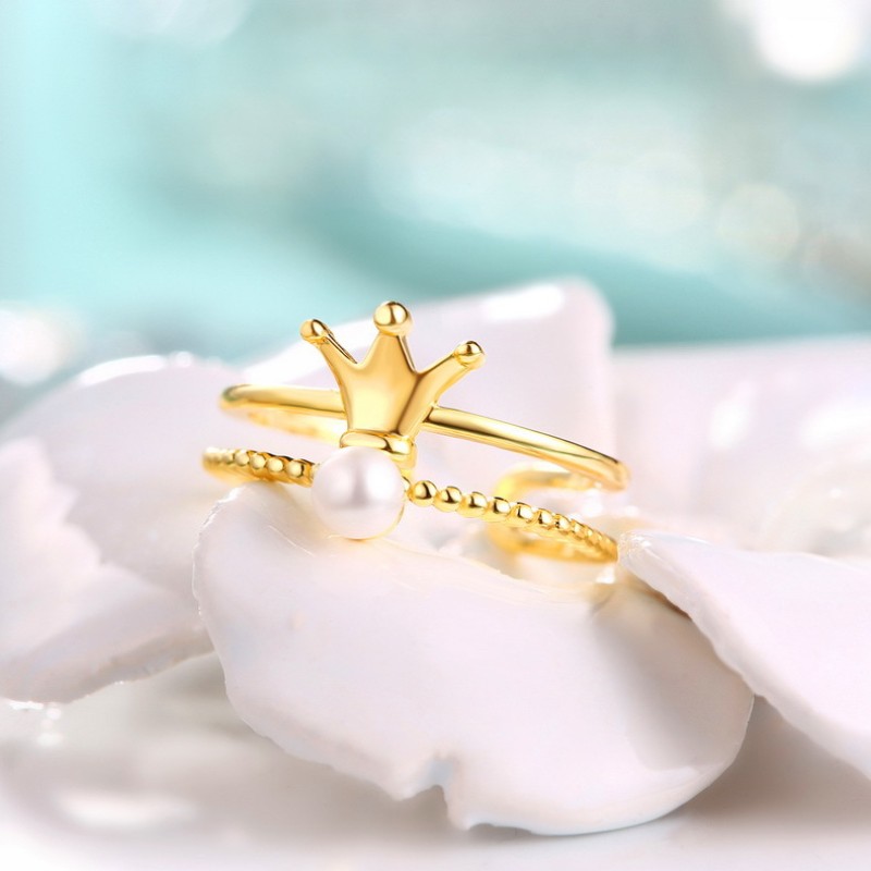 925 silver gold plating pearl crown ring