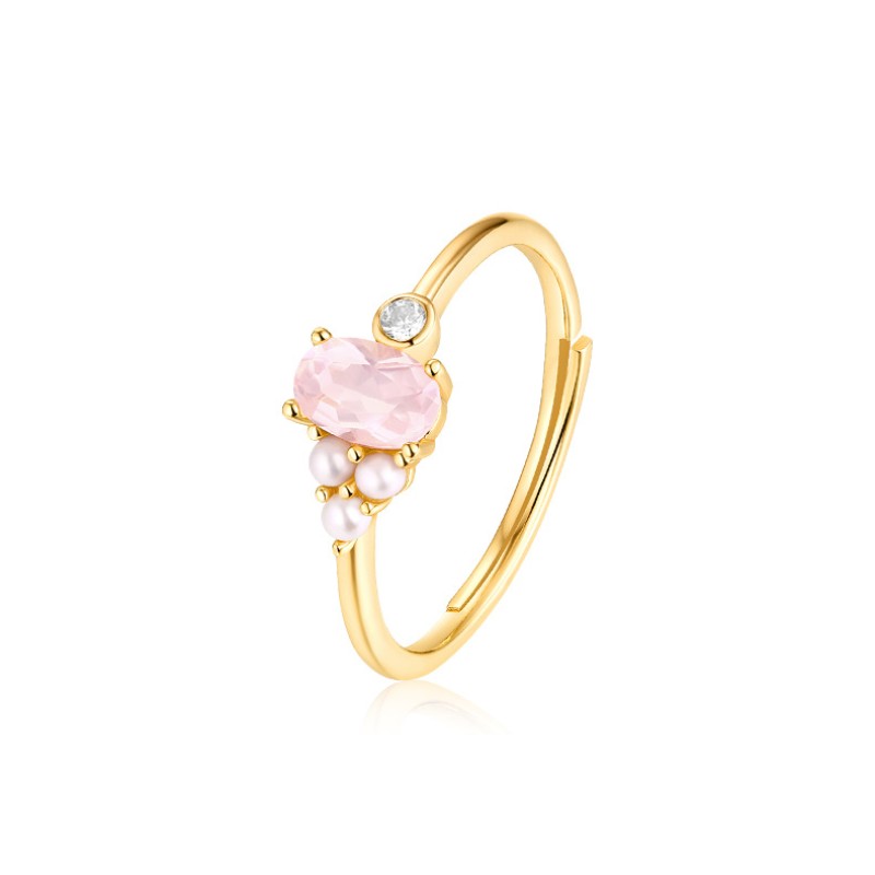 925 silver natural pink crystal and pearl ring