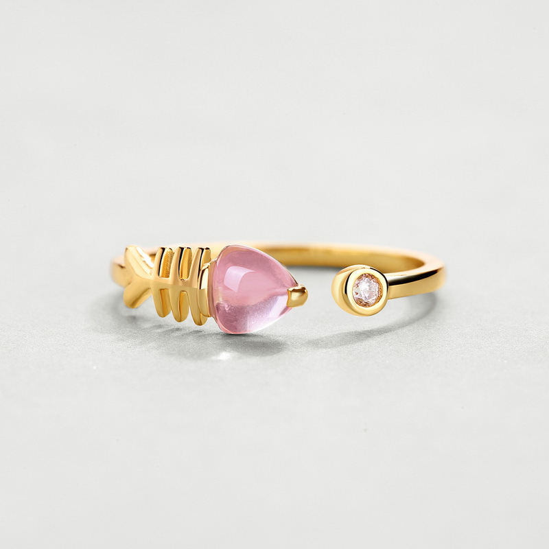 925 silver fishbone pink crystal ring