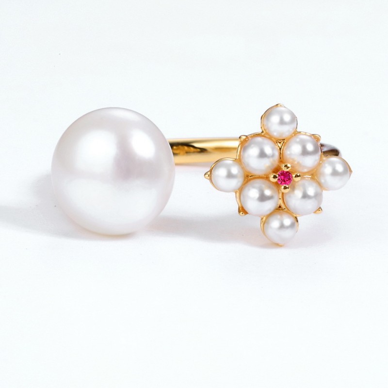 925 silver 9k gold plating flower pearl ring