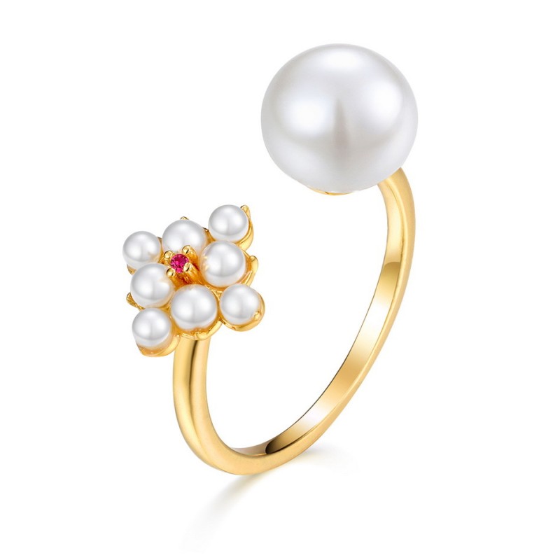 925 silver 9k gold plating flower pearl ring