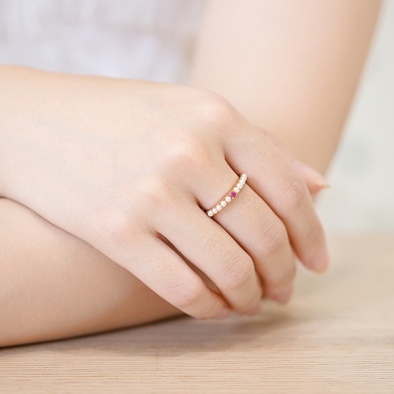 925 silver gold plating red corundum and pearl ring