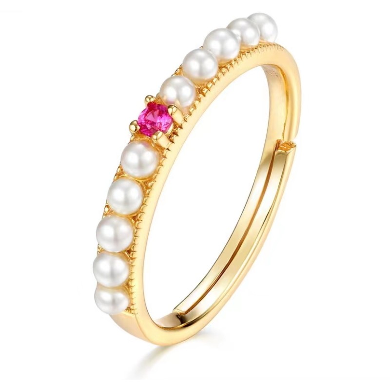 925 silver gold plating red corundum and pearl ring