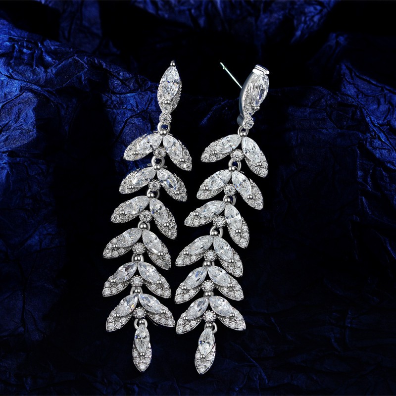 925 silver willow leaf 0.4ct diamond drop earrings