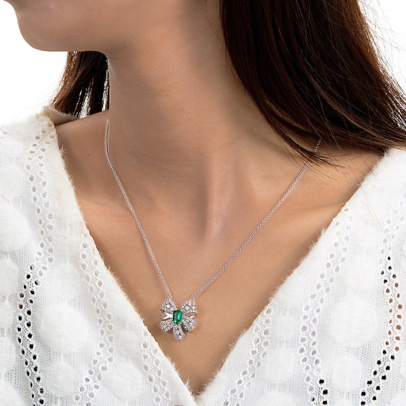 925 silver bow emerald necklace