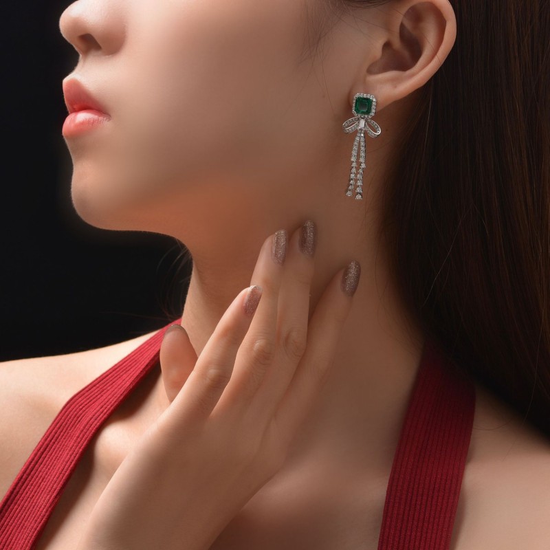 925 silver bow emerald tassels earrings