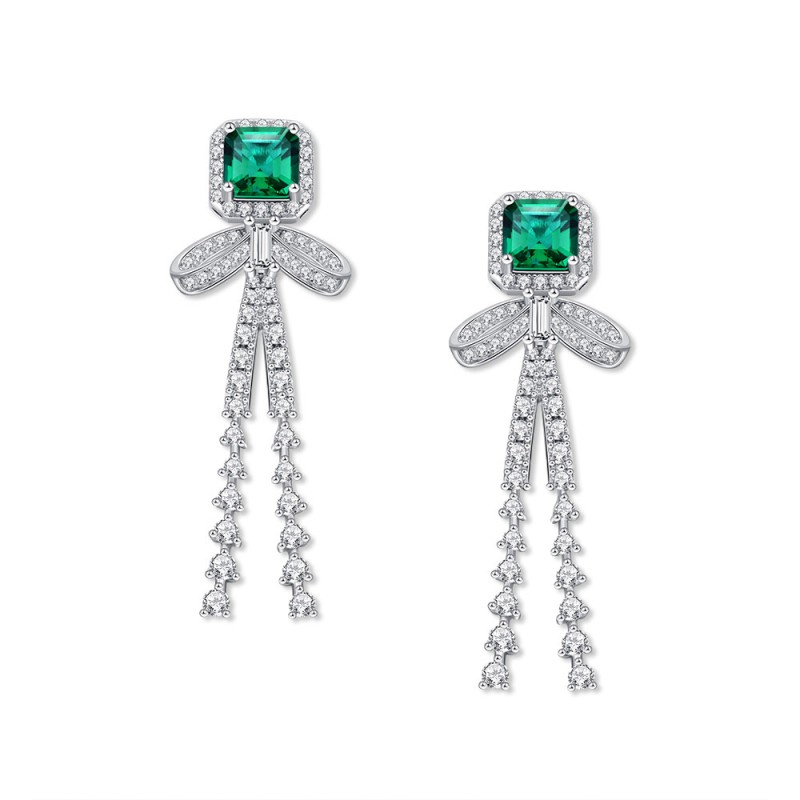 925 silver bow emerald tassels earrings