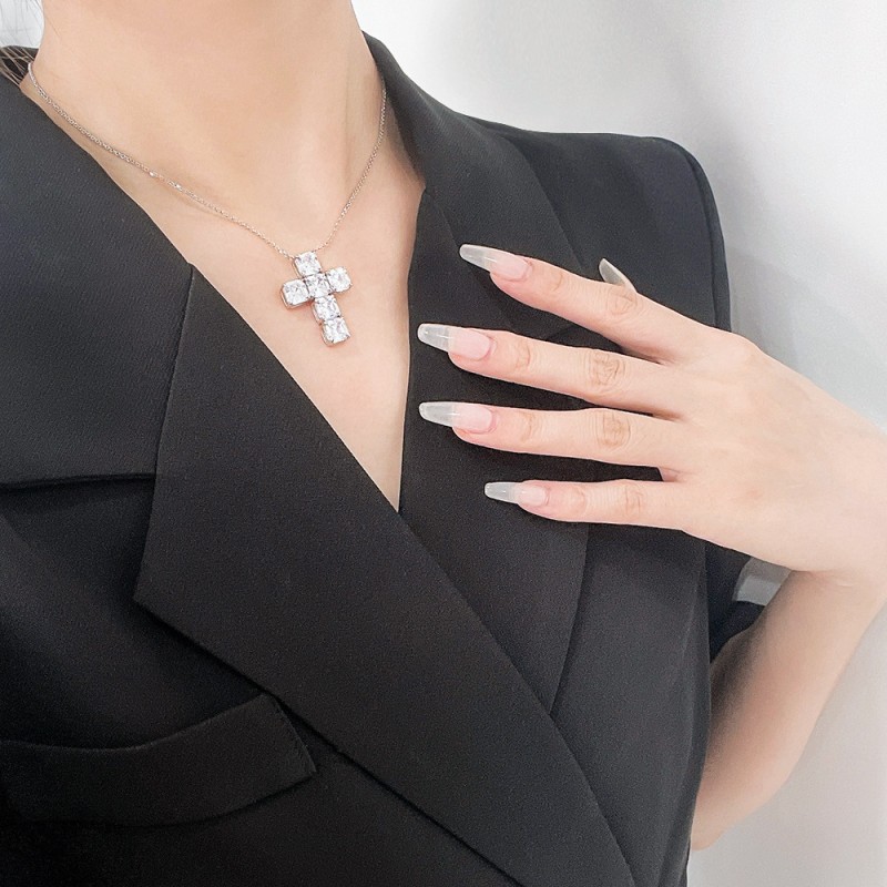 925 silver cross 3ct diamond necklace