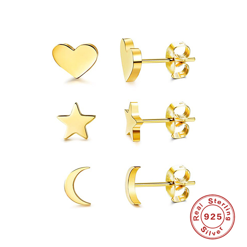 925 silver heart star moon earrings stud