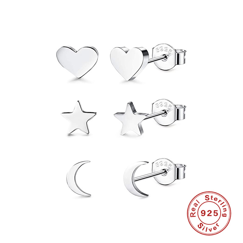 925 silver heart star moon earrings stud