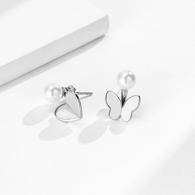 925 silver heart butterfly pearl earrings stud