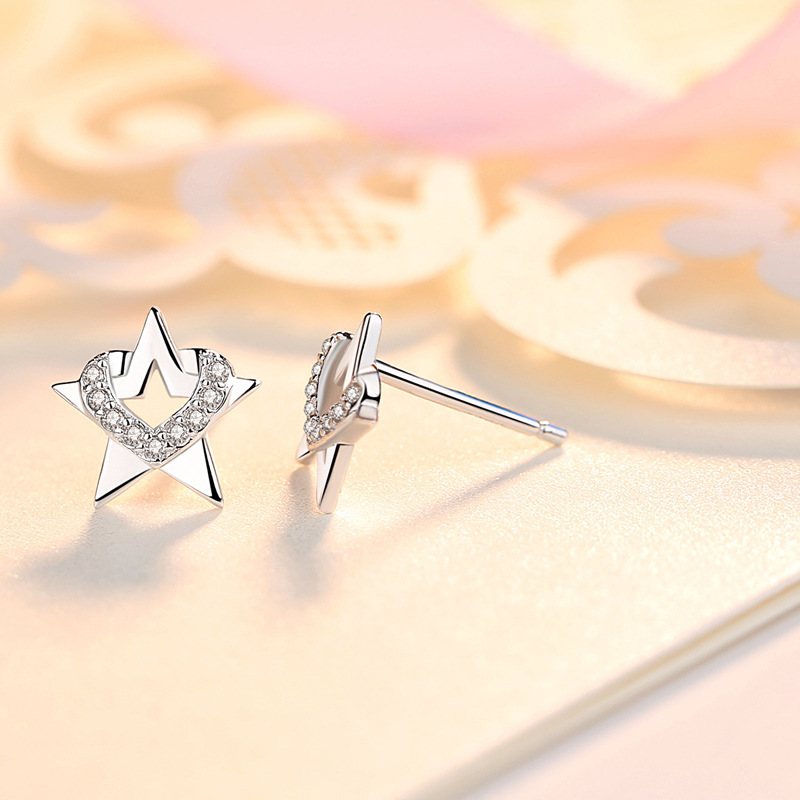 925 silver five pointed star zircon earrings stud