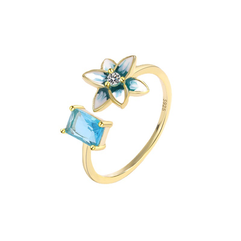 925 silver flower blue zircon ring