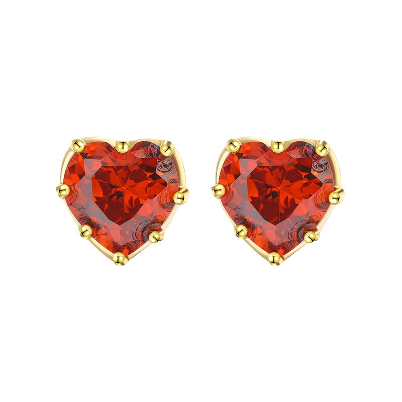 925 silver 14k gold plating heart red zircon earrings stud