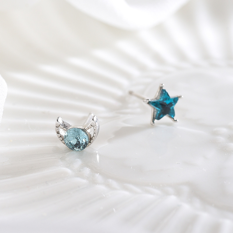 925 silver star moon blue zircon earrings stud