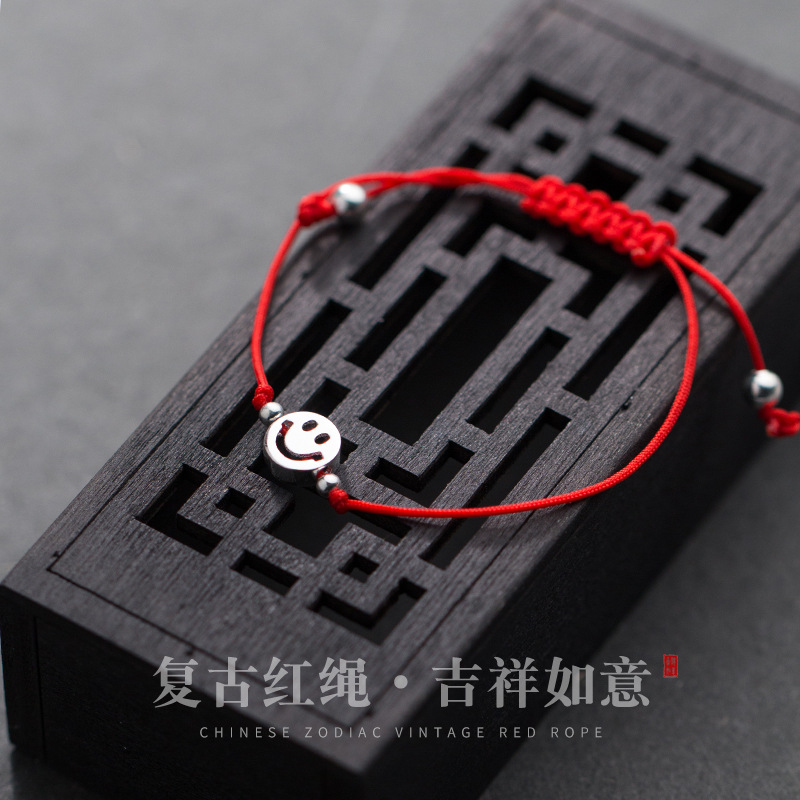 925 silver smiling face red rope bracelet