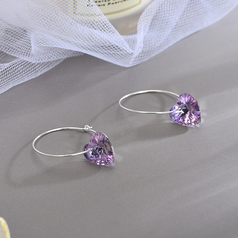 925 silver heart purple crystal earrings