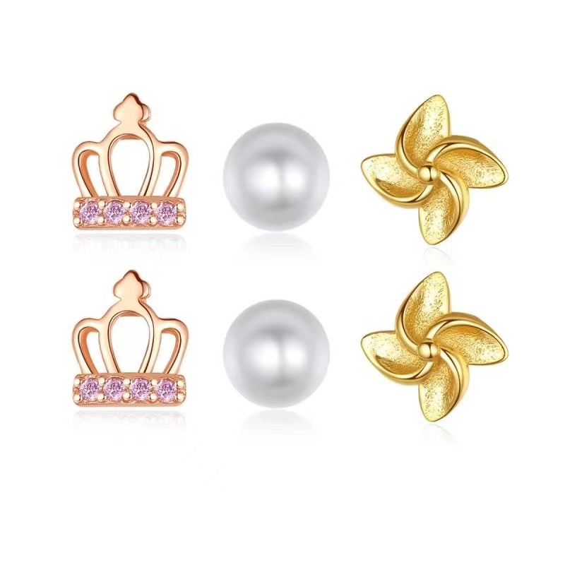 925 silver crown flower pearl earrings stud