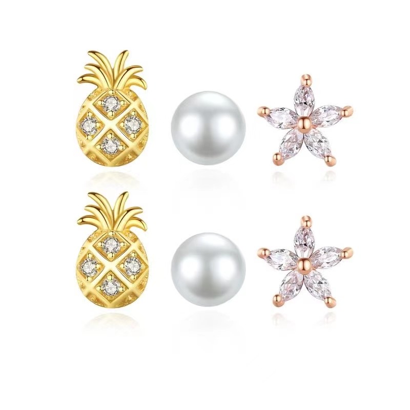 925 silver pineapple flower pearl earrings stud