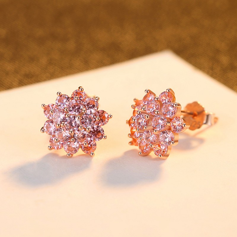 PINK CZ FLOWER SILVER EARRINGS STUD