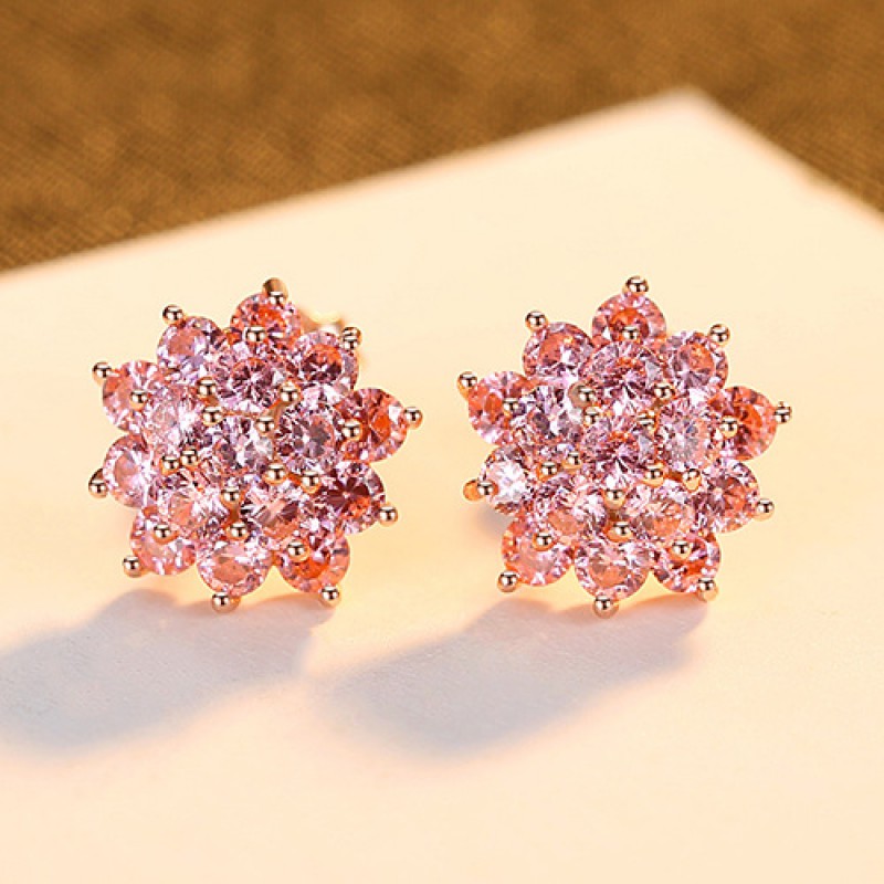 PINK CZ FLOWER SILVER EARRINGS STUD