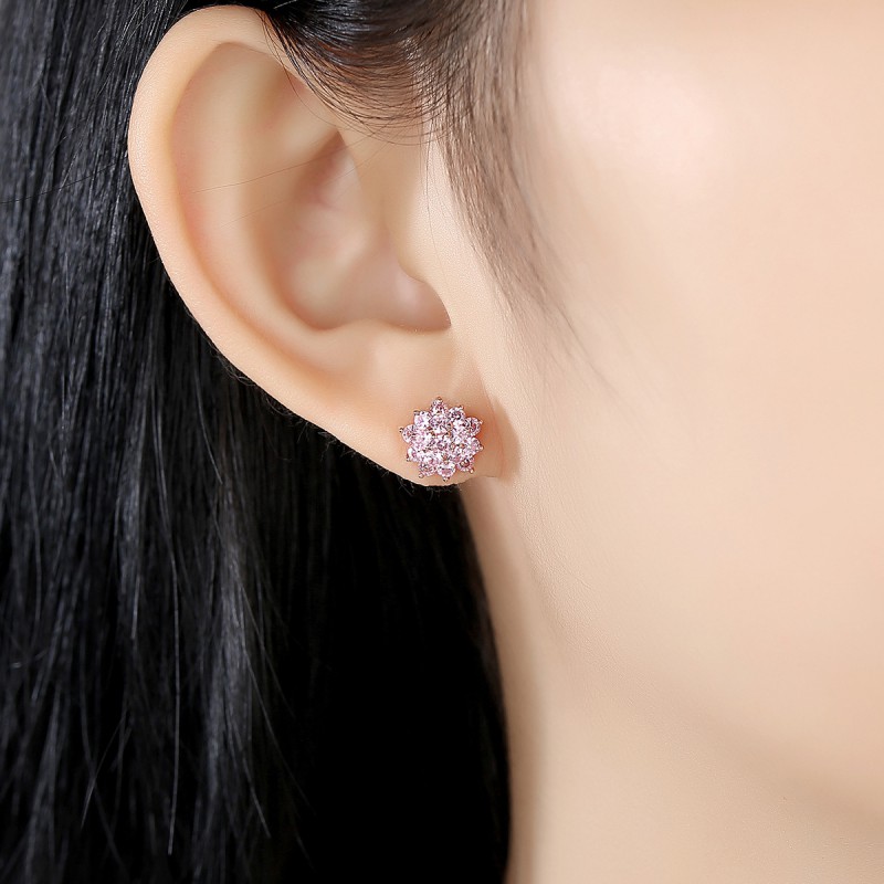 PINK CZ FLOWER SILVER EARRINGS STUD