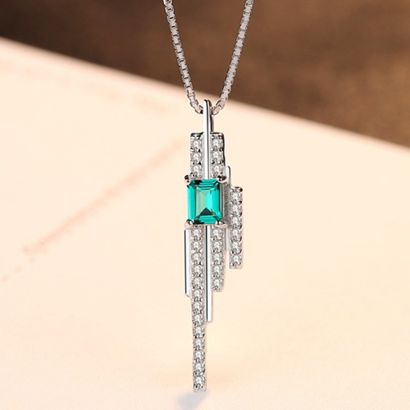 925 SILVER GREEN ZIRCON TASSEL NECKLACE