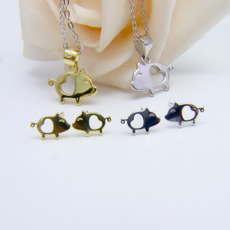 SILVER PIG PENDANT EARRINGS STUD NECKLACE SET