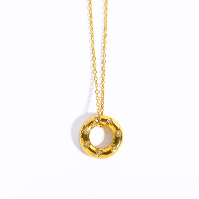 stainless steel 18k gold plating inlaid zircon circle hollow necklace