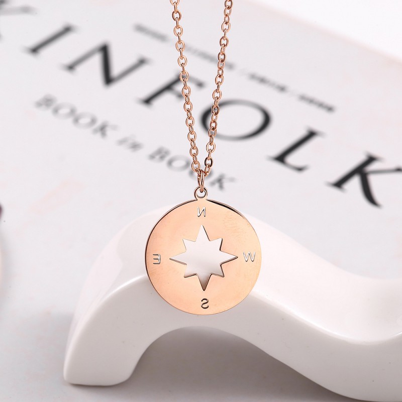 round pendant stainless steel compass necklace