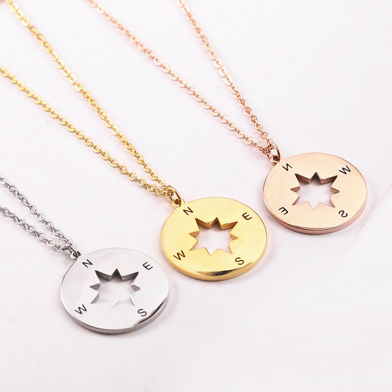 round pendant stainless steel compass necklace