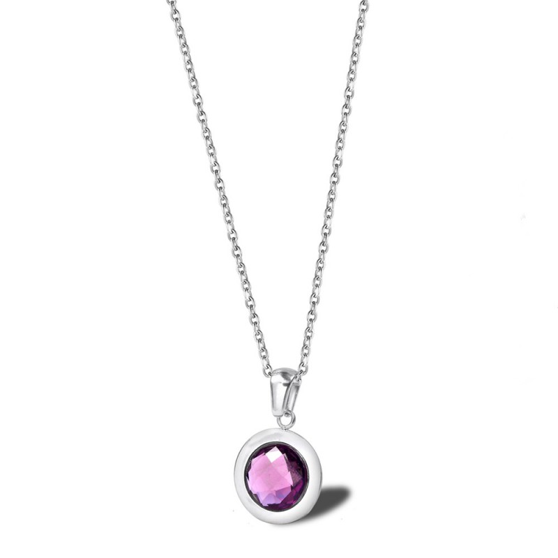 round purple Cubic Zirconia pendant stainless steel necklace