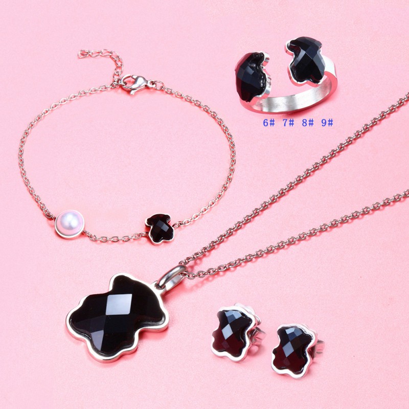 stainless steel jewelry sets bear animal earrings necklace bracelet ring sets