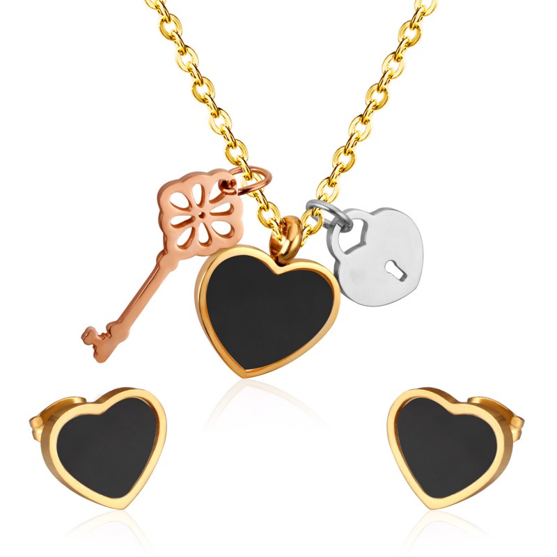 stainless steel heart earrings pendant necklace jewelry set